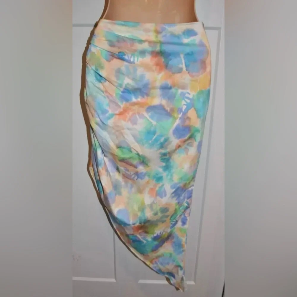 AIIFOS Revolve Samantha Midi Water Color Blues Asymmetrical Ruched Skirt size S